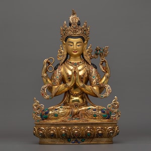 Bodhisattva Chenrezig 14.6 Inches Statue | Handmade Four Armed Avalokiteshvara Sculpture for Shrine, Altar, and Dharma Decor | Made In Nepal