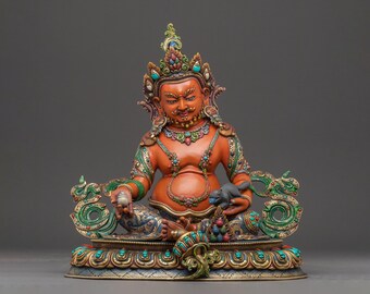 Nepalees vervaardigd dzambhala-beeld, 37 cm: handgemaakte koperen boeddhistische god van rijkdom met handgesneden edelstenen uit de Himalaya.