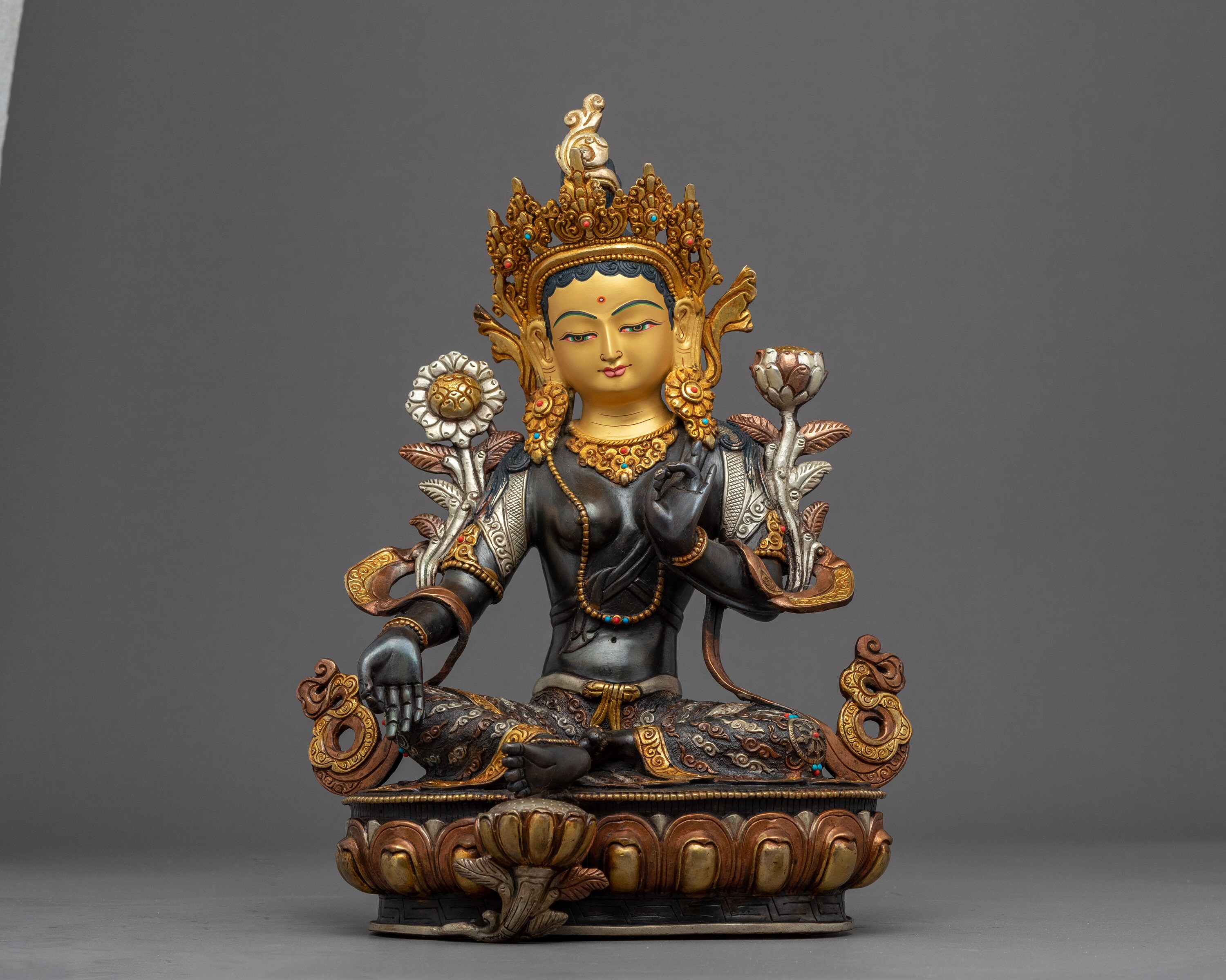 Astonishing Green Tara Statue | Deity Of Compassion Authentic Tibetan Hand-Carved Sculpture Mother Drolma Gilded in Pure 24K Gold
