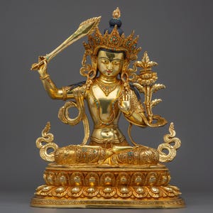 Golden Manjushri Handmade Art | Buddhist Revered Deity | Figurine for Shrine, Altar, and Dharma Decor | Spiritual Sculpture Made In Nepal