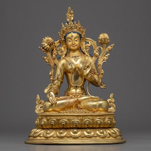White Tara Statue | Handmade Female Buddha Sculpture | Long Life Deity | Himalayan Traditional Artwork of Nepal | Genuine 24k Gold Gilded