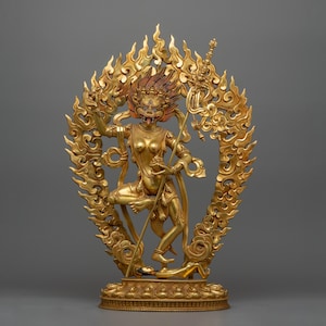 Handcrafted Simhamukha Lion-Faced Dakini Statue 15.9” | 24K Gold-Gilded Copper Buddhist Sculpture | Vajrayana Protector Deity for Altar