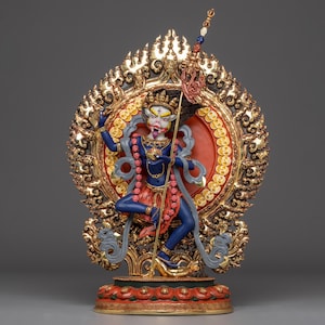 Handmade Majestic Simhamukha Statue – Lion-Faced Dakini, 24K Gold Gilded Copper, Fierce Tibetan Buddhist Protector Deity | Himalayan Artwork