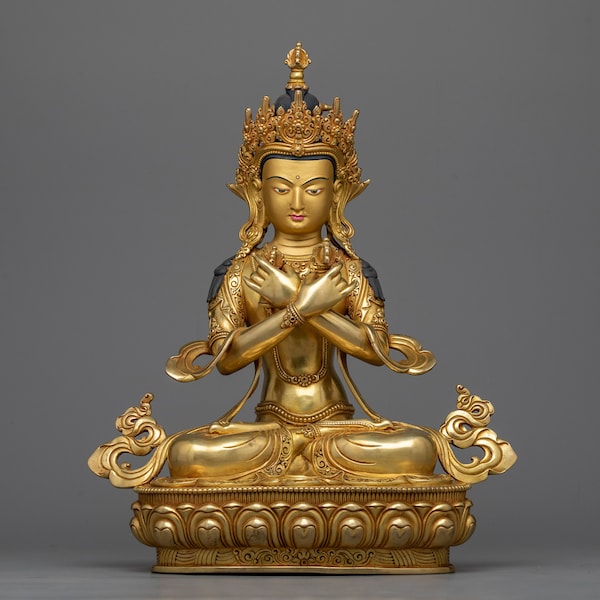 Primordial Vajradhara Statue in 24K Gold Gilded Copper - Exalted Sculpture Symbolizing the Unity of Buddhist Wisdom