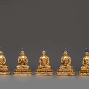 Five Dhyani Buddha Copper Statue Set | Shakyamuni, Amitabha, Vairocana, Amogasiddhi and Ratnasambhava for Altar | Symbols of Enlightenment