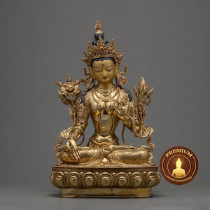 White Tara Statue | Tibetan Mother Drolma Female Deity | Long Life Tara | Himalayan Hand-Carved Bodhisattva Sculpture | Gilded in 24k Gold