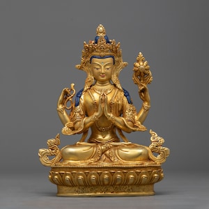 Gold Gilded Chenrezig Statue | Embrace Compassionate Enlightenment | Original Hand-carved Buddhist Sculpture | Lokeswara Buddhism Deity Idol