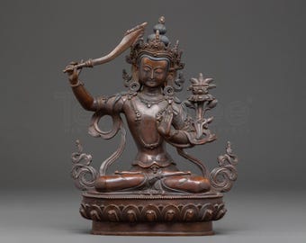 Handcrafted Manjushri Statue | Oxidized Copper Tibetan Bodhisattva