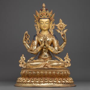 Golden Sculpture of Chenrezig | Also Known as Avalokiteshvara | Figurine for Shrine, and Dharma Decor | Spiritual Sculpture Made In Nepal