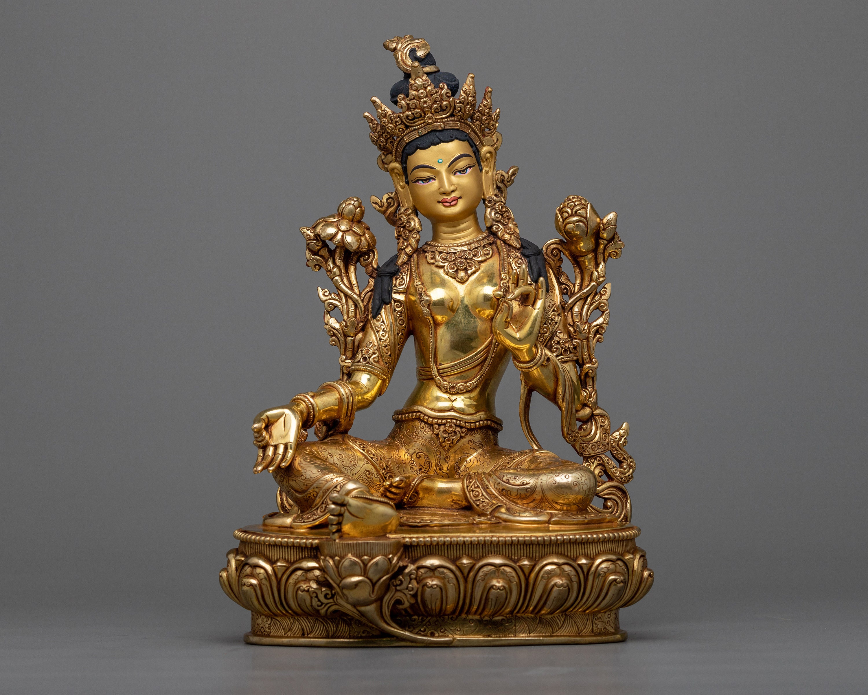 Premium Quality Green Tara Statue | 10.6 Inches Female Enlightened Being | Compassionate Goddess of Buddhism | 24k Gold Gilded Fine Artwork