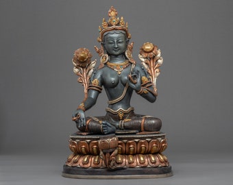 Green Tara Statue | Traditional Hand-Made Sculpture of Sgrol-ljang &quot;Fully Enlightened Female Buddha&quot; | Gilded in Genuine 24k Gold Artwork
