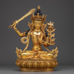 Golden Manjushri with Flaming Sword Statue | Wisdom Bodhisattva Deity | Figurine for Shrine, and Dharma Decor | Sculpture Made In Nepal