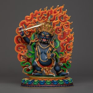 Semi-Wrathful Handmade Black Manjusri Statue | Manifestation of Manjushri | Remover of Spiritual Obstacles | Tibetan Buddhist Statue and Art