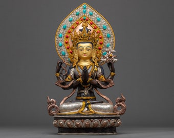 Four-Arm Bodhisattva Chenrezig Statue | Authentic Buddhist Figurine of Avalokiteshvara | Spiritual Collection of Compassion Deity | Gold Art
