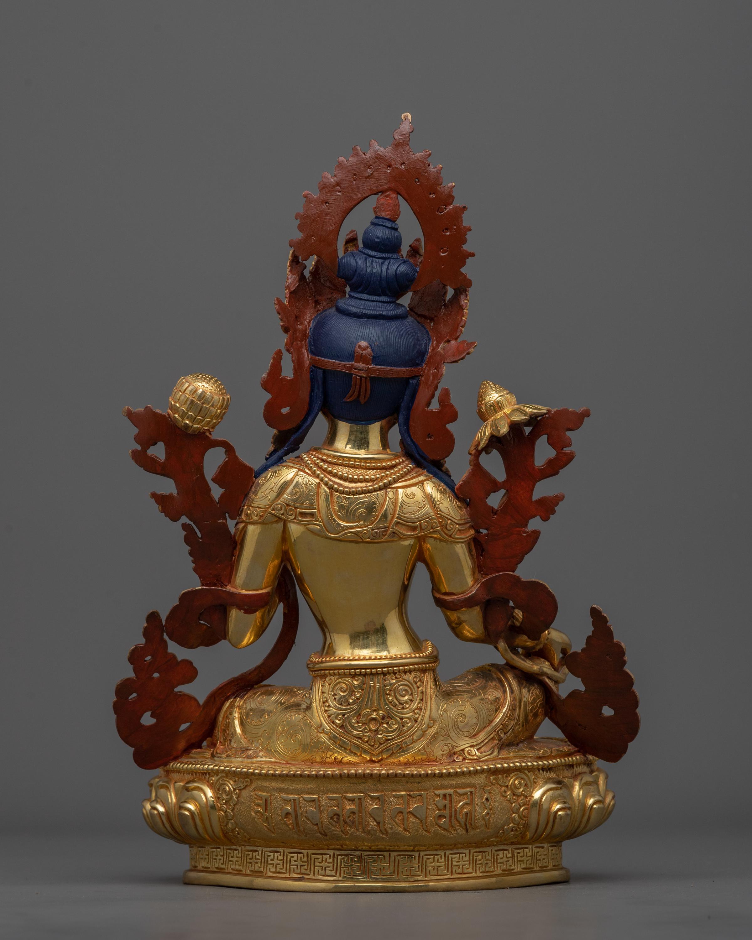 グリーンターラ浄土像 | 13.6インチ 24K 金メッキ銅彫刻 宝石付き