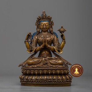 Antique Avalokite Shvara Statue | Authentic Hand-made Buddhist Sculpture of Avalokiteshvara | Traditionally Crafted Artwork | Oxidized Body