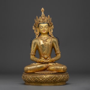 Handcrafted Gold Gilded Crown Amitabha Buddha Statue | Copper Body with Acrylic Paintings, Tibetan Buddhist Art, Peace and Wisdom Decor