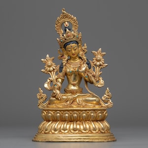 Mother White Tara Statue | Handmade Buddhist Vajrayana Artwork | Tibetan Dharma Sculpture | Deity of Compassion | 24k Gold Gilded Sculpture