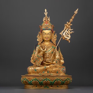 Traditional Buddha Guru Rinpoche Figurine | 24K Gold Gilded Padmasambhava Sculpture | Hand-Carved Gemstone Tibetan Art and Craftsmanship