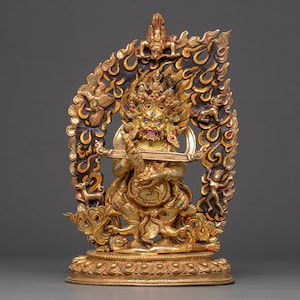 Sakyapa Mahakala Statue | Handgeschnitzte Original Skulptur | Buddhistische Dharma Beschützer Gottheit | Traditionell vergoldet in echtem 24k Gold Art