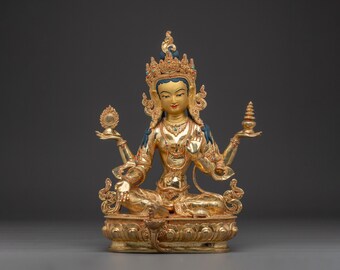 輝くラクシュミ・デヴィ黄金像 | 24K金メッキ | ヒンドゥー教の富と豊穣の神 | 繁栄の像のためのスピリチュアルな装飾