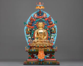 Shakyamuni Buddha Statue on Throne | 24k Gold Gilded Gemstone Adorned Sacred Figurine | Home Decor