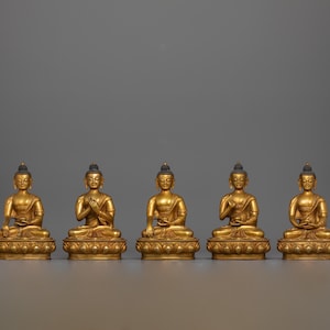 24K Gold Gilded Tibetan Art Five Dhyani Buddha Set | Sacred Deities for Enlightenment and Spiritual Meditation Altar Decor | Buddhism Decor