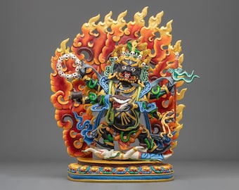 Six Armed Mahakala Himalayan Sculpture | Tibetan Buddhist Protector Statue | Vajrayana Meditation Altar Decor