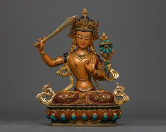 Handgesneden Manjushri Bodhisattva-beeld | Verguld koper met 24-karaats goud en edelstenen