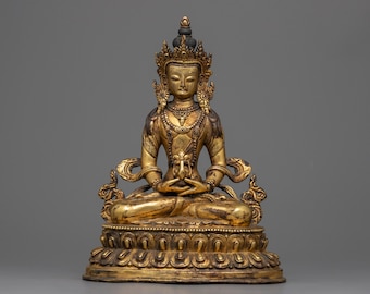 Amitayus Sutra Statue - Handcrafted, Gold-Gilded Copper Masterpiece for Meditation Spaces and Spiritual Home Decor | Himalayan Zen Artwork