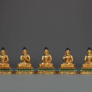 Golden Five Dhyani Buddhas Statue Set | 24K Gold Handcrafted Copper Statues by Nepali Artisans for Meditation Altars & Spiritual Decoration