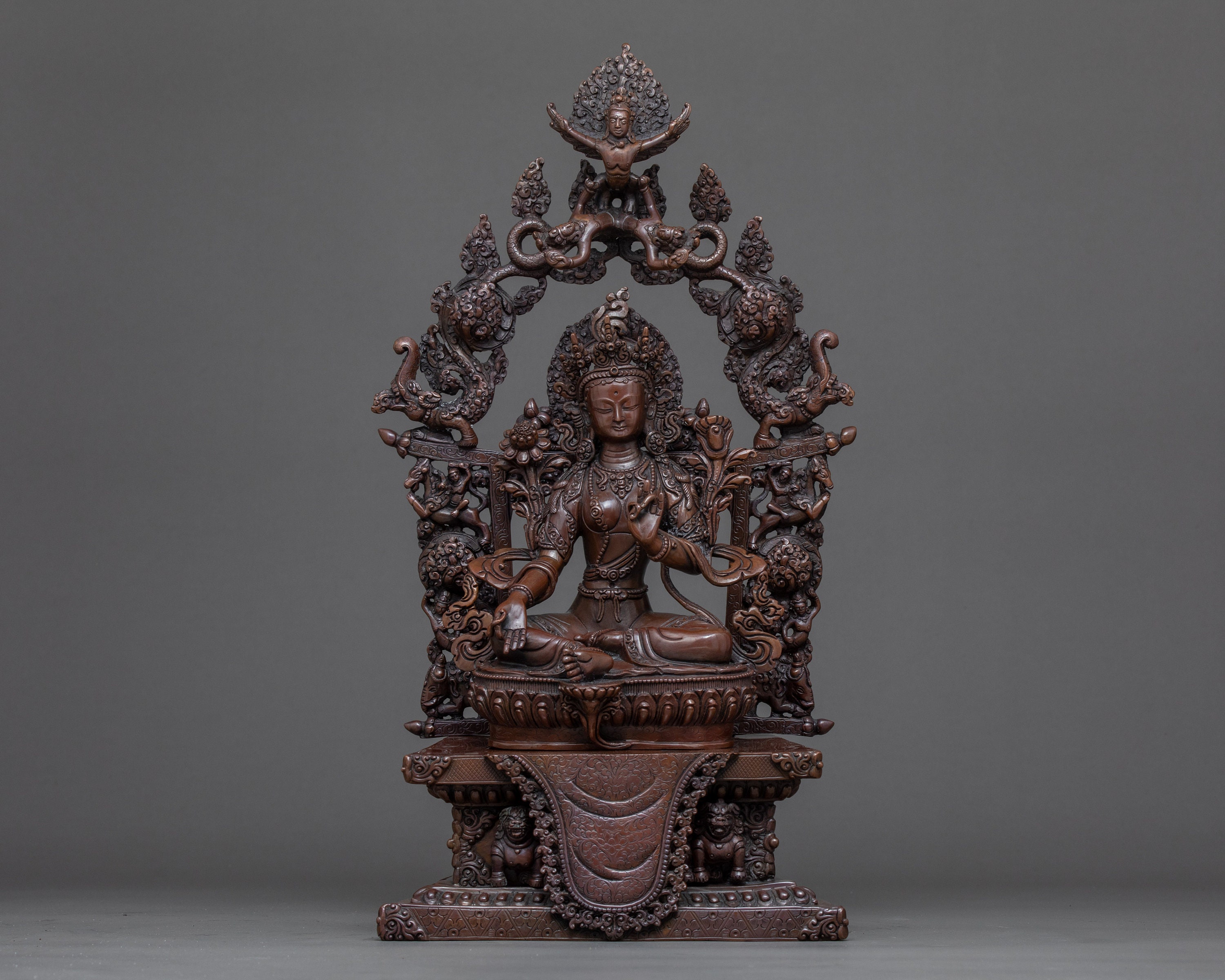Green Tara Statue On Throne | Original Handmade Copper Sculpture Of Mother Drolma Compassionate Deity Traditional Buddhist Artwork