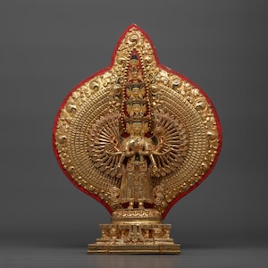 1000-Armed Chenrezig Statue | 14.6” 24K Gold Gilded Copper with Acrylic Paint, Meditation & Shrine Decor | Avalokiteshvara Sacred Artwork