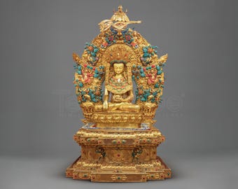 Shakyamuni Buddha on Throne | Seated Buddha of Enlightenment and Dharma Wisdom | Traditional Himalayan Buddhist Shrine Sculpture