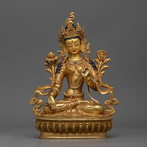 White Tara Handmade 24K Gold Gilded Statue | Embodiment of Healing and Compassion Buddhist Tara Drolma Tibetan Goddess for Shrine Decor