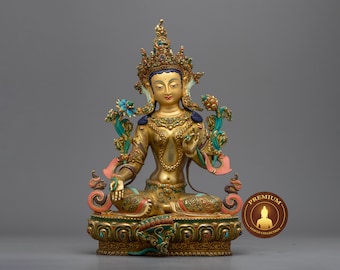 Hand-Carved Green Tara Statue | 24K Gold Gilded Himalayan Art