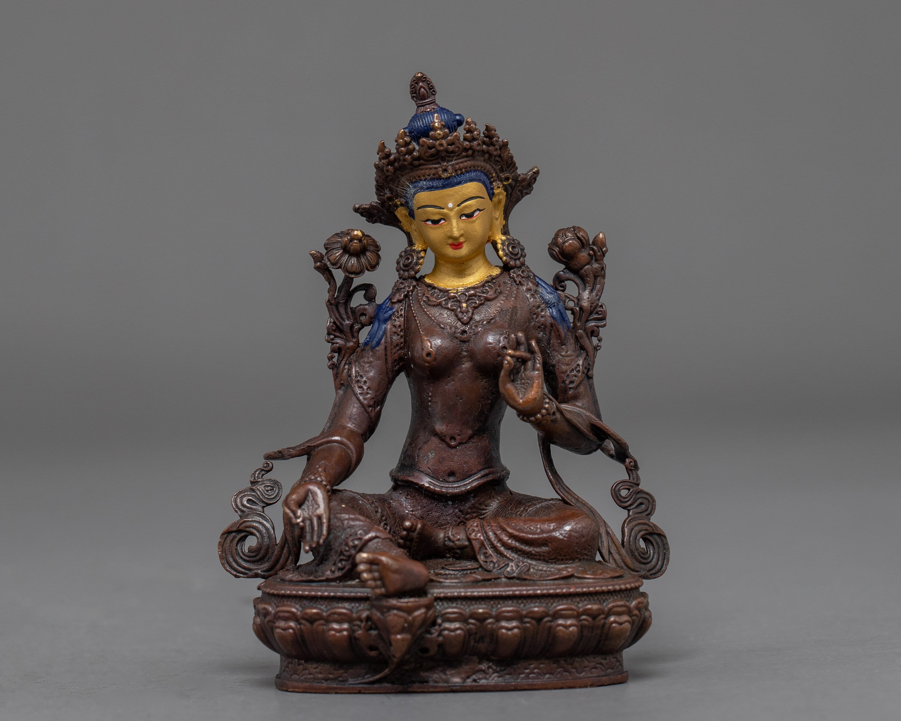 Green Tara Statue | Tibetan Mother Drolma Sculpture Compassionate Deity Traditionally Manufactured in Nepal Gilded 24K Art
