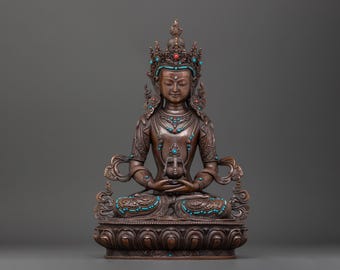 長寿の神様の像 | 宝石で飾られた酸化銅の仏像 | 長寿と健康の象徴