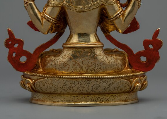 チェンレジグ仏教仏像 - 24K ゴールドとアクリル画、銅製ボディ