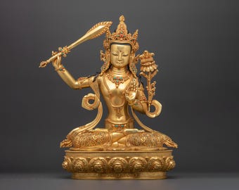 Sacred Manjushri Bodhisattva Statue | 24K Gold Gilded with Hand Carved Gemstones | Figurine Made In Nepal for Spiritual Dharma, Shrine Decor