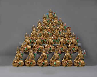 21 Tara-standbeeldset | 21 Tara-prijzen | Godin van mededogen | Tibetaans boeddhistische godheden | Met de hand gesneden religieuze sculpturen, verguld met 24-karaats goud