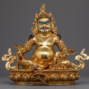 Dzambhala (Jambhala) Statue | Handmade Deity of Wealth and Fortune | Religious Himalayan Sculpture Fine Artwork | Gilded in genuine 24k Gold