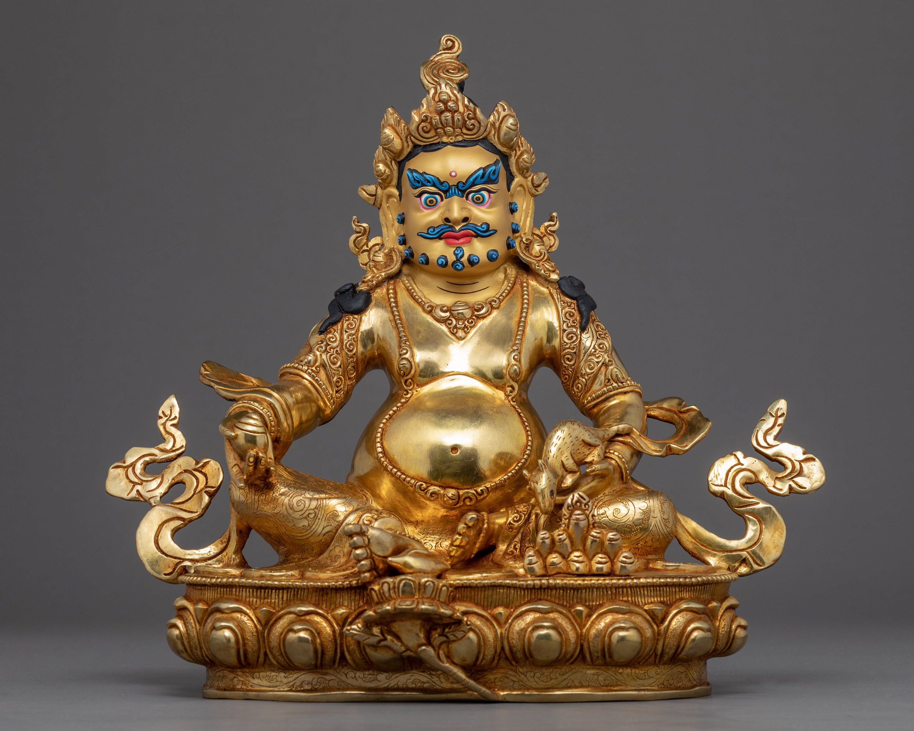 Dzambhala | Jambhala Statue | Handmade Deity Of Wealth & Fortune Religious Himalayan Sculpture Fine Artwork Gilded in Genuine 24K Gold