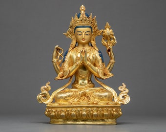 Four-Armed Chenrezig (Avalokiteshvara) Statue | Hand-crafted Buddhist Original Sculpture | Himalayan Fine Art of Nepal | 24k Gold Gilded
