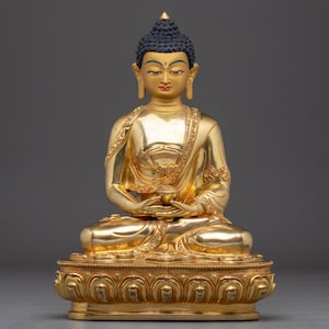 Amitabha Buddha Statue Gold Gilded | Handmade Copper Buddhist Sculpture | Meditation Altar Decor for Peace & Enlightenment | Made In Nepal