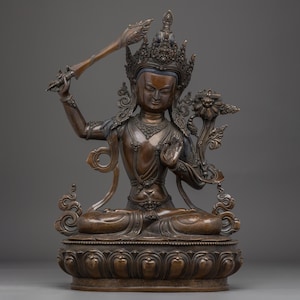 Manjushri Handmade Oxidized Statue | Bodhisattva of Wisdom | Figurine for Shrine, Altar and Dharma Decor | Spiritual Sculpture Made In Nepal