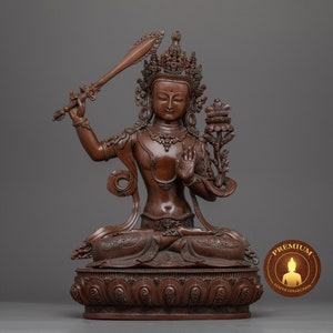 Manjushri Statue &quot;Wisdom Deity&quot; | Traditional Hand Crafted Buddhist Oxidized Copper Sculpture | Himalayan Art of Nepal | Indoor Zen Figurine