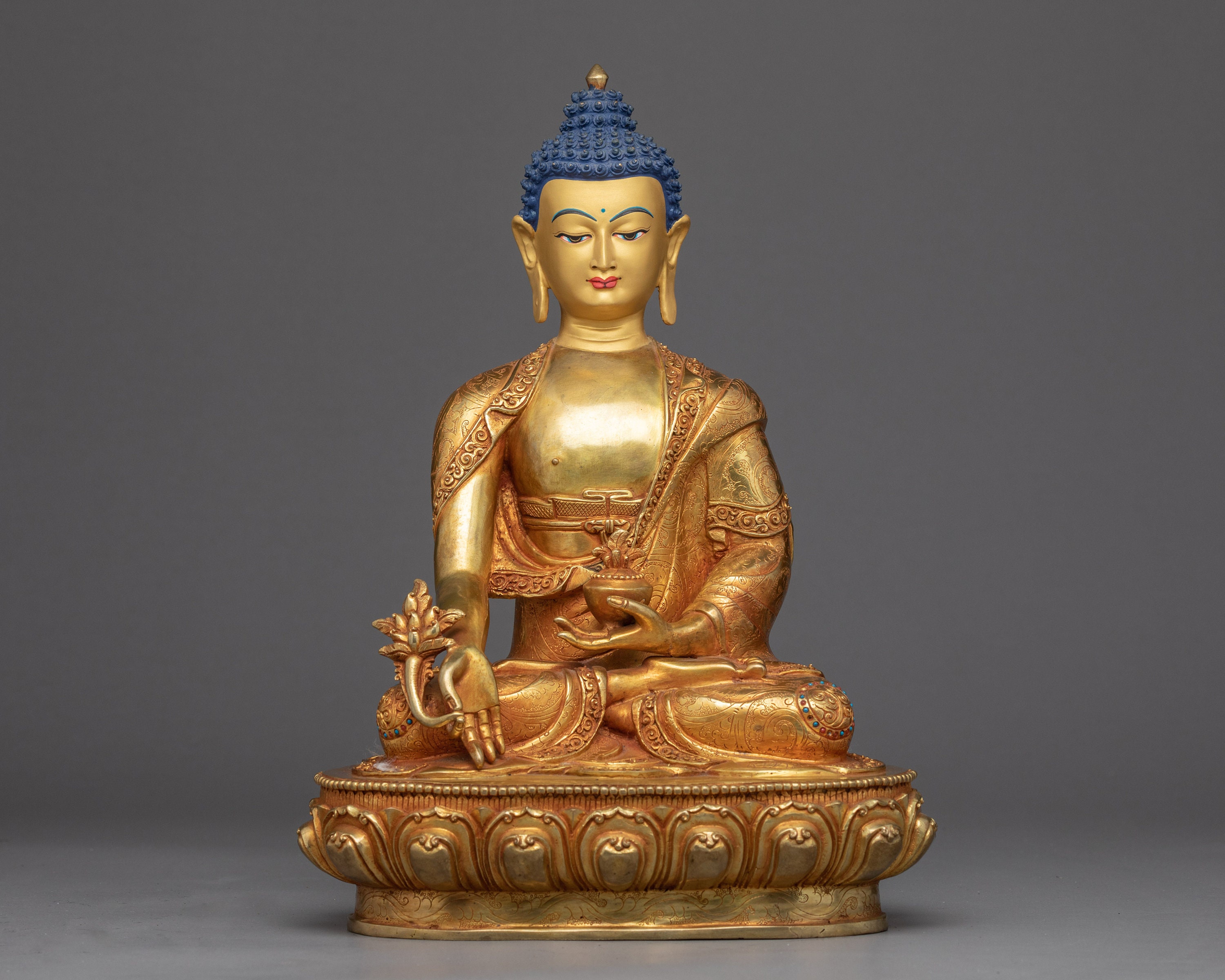 Medicine Buddha Statue | Hand-Carved Original Buddhist Sculpture Of Healing Himalayan Artwork Nepal Gilded in Pure 24K Gold