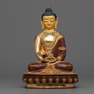 Calm Amitabha Buddha Tibetan Statue &quot;Buddha of Pure Land&quot; - Handcrafted, 24K Gold & Acrylic Paintings, Copper Body - Premium Quality Artwork