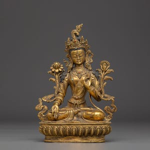 Peaceful Golden White Tara Statue in Copper | Symbol of Compassion and Longevity | Figurine for Shrine, and Dharma Decor | Made In Nepal
